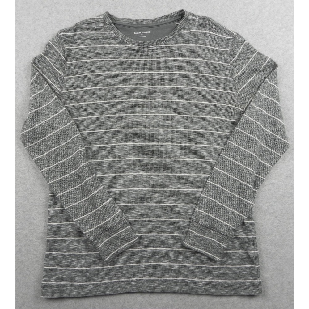 Banana Republic Sweater Mens Large Thermal Waffle Knit Gray Striped Long Sleeve